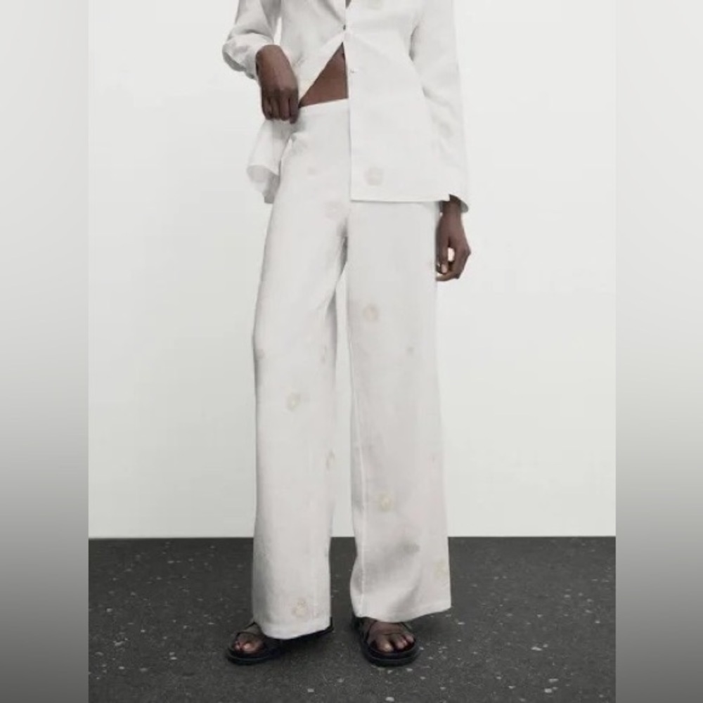 NWT Massimo Dutti Coastal Summer White Linen Relaxed Trousers Cream Wide Leg